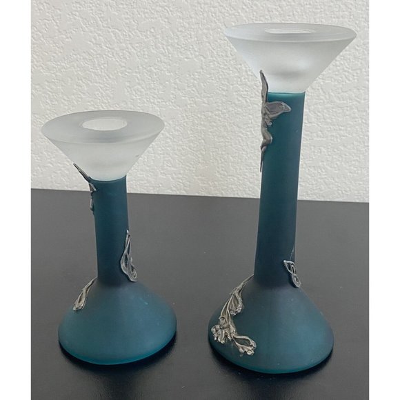 Turquoise Frosted Glass Candlesticks with tin Fairies Short and long Blue Green - Picture 3 of 8